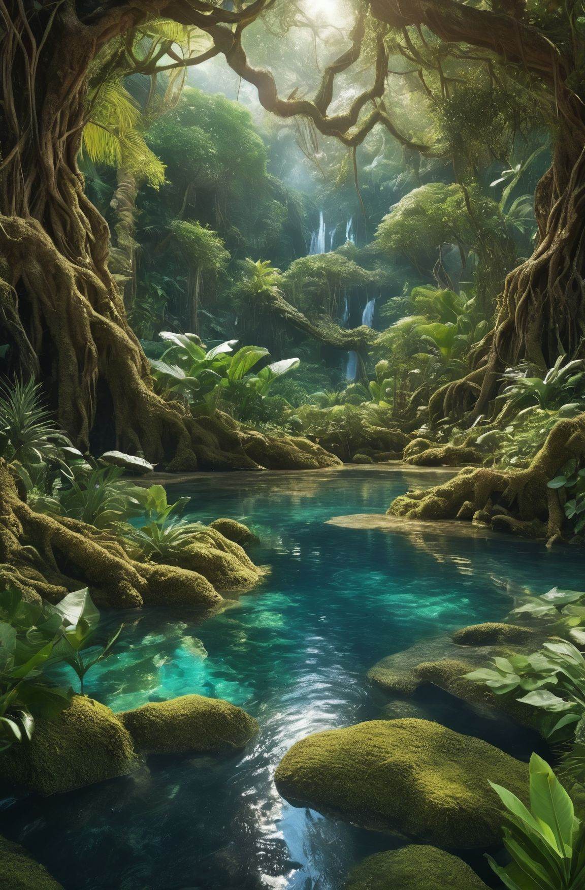 Super detailed manifold amazing and magical supernatural tropical unearthly light plants and trees on the bank of an extra...