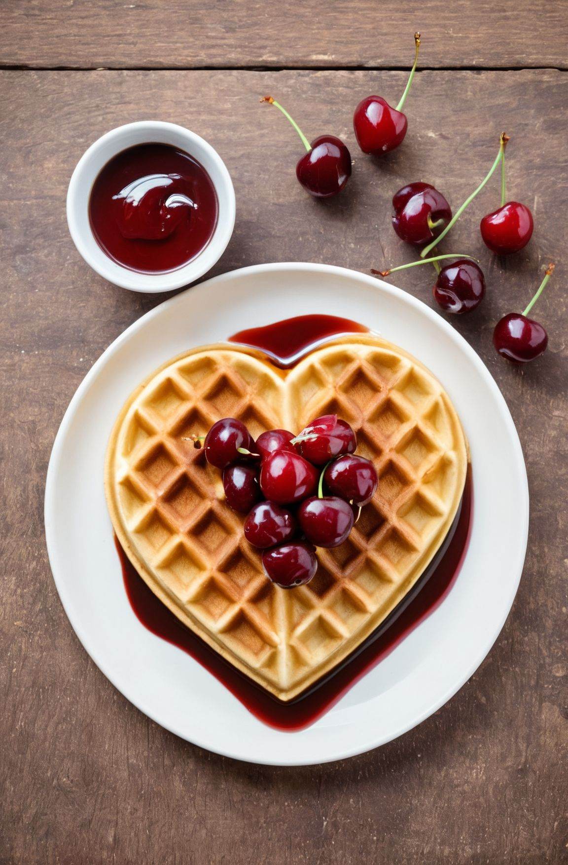 Food photography,  Heart-shaped waffle with cherries and sauce on Tensor.Art