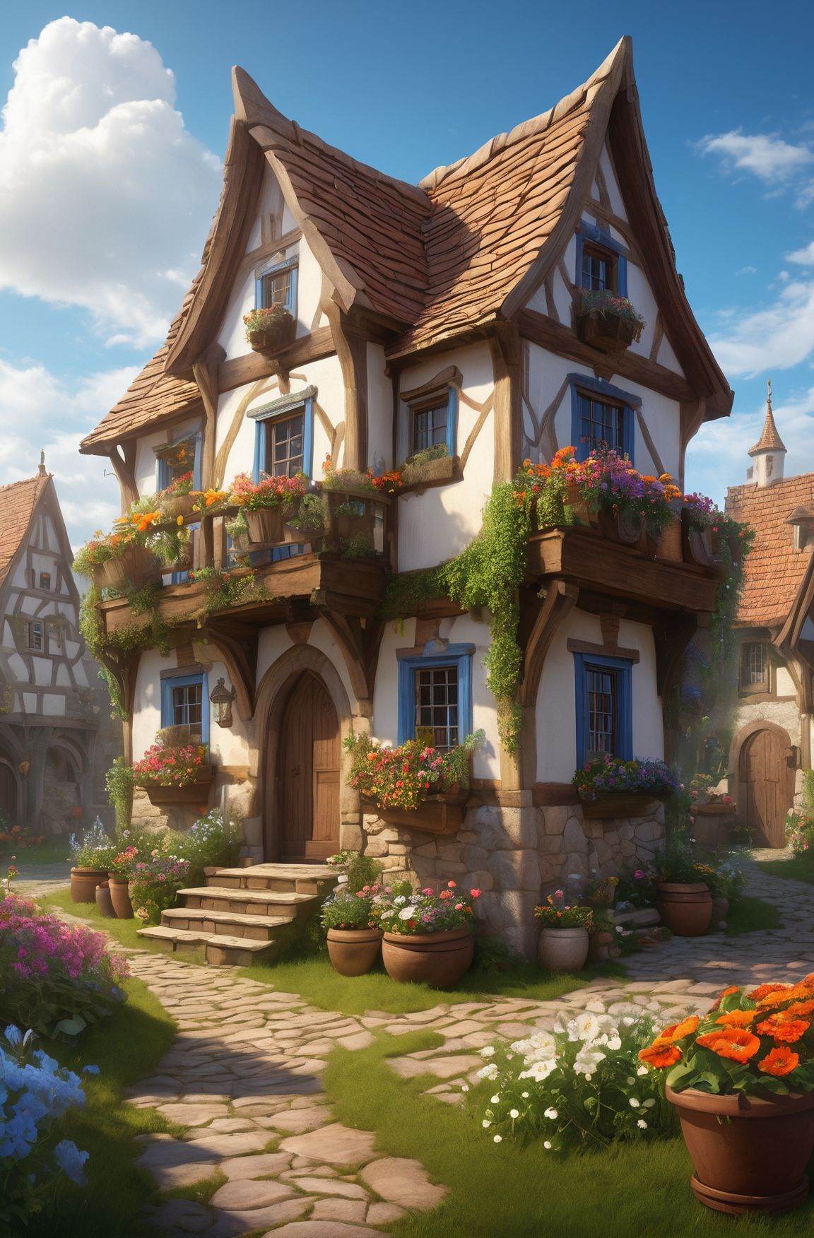 an illustration of the small medieval fantasy garden house in a town with many cute flower pots and beautiful blue sky sce...