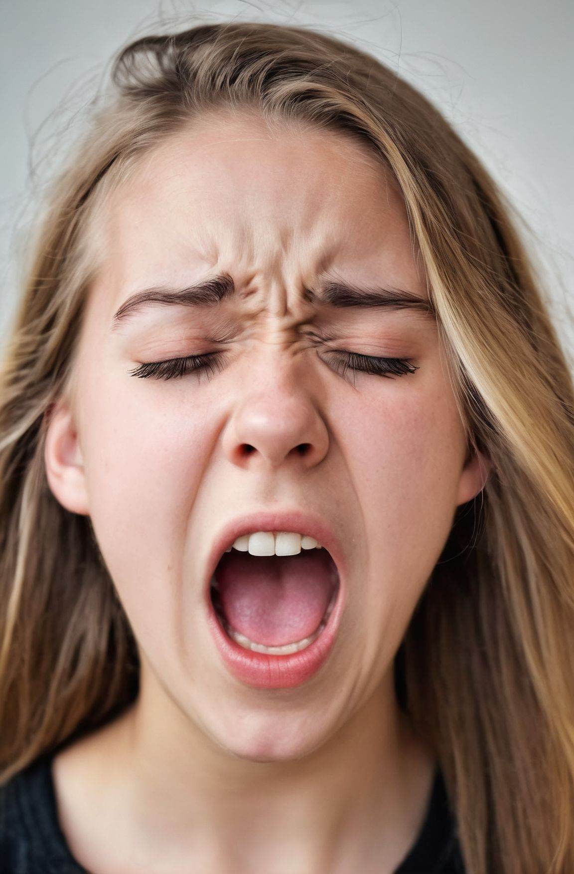 Portrait Photo screaming in pain,  teenager girl,  with closed eyes on Tensor.Art
