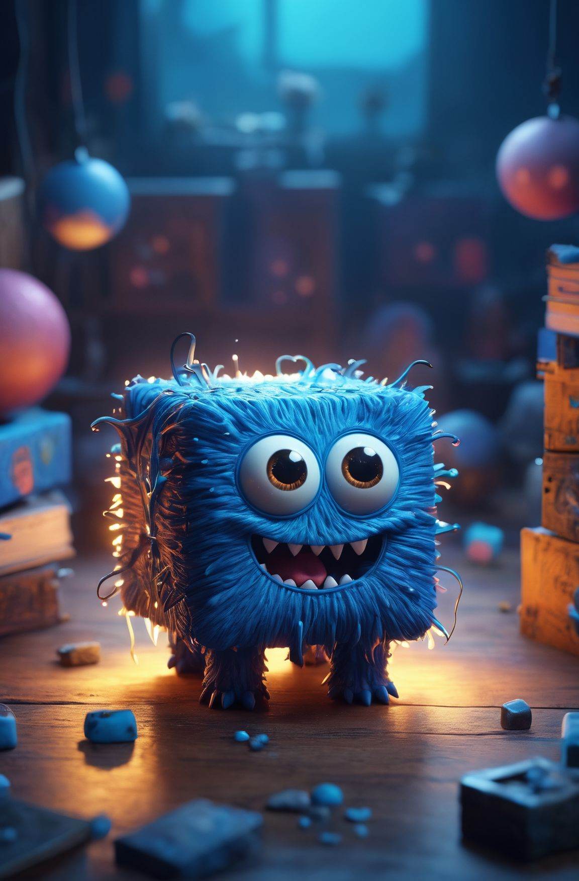 A cute monster in the (Shape of an Cube),  blue colorful,  clutter on Tensor.Art