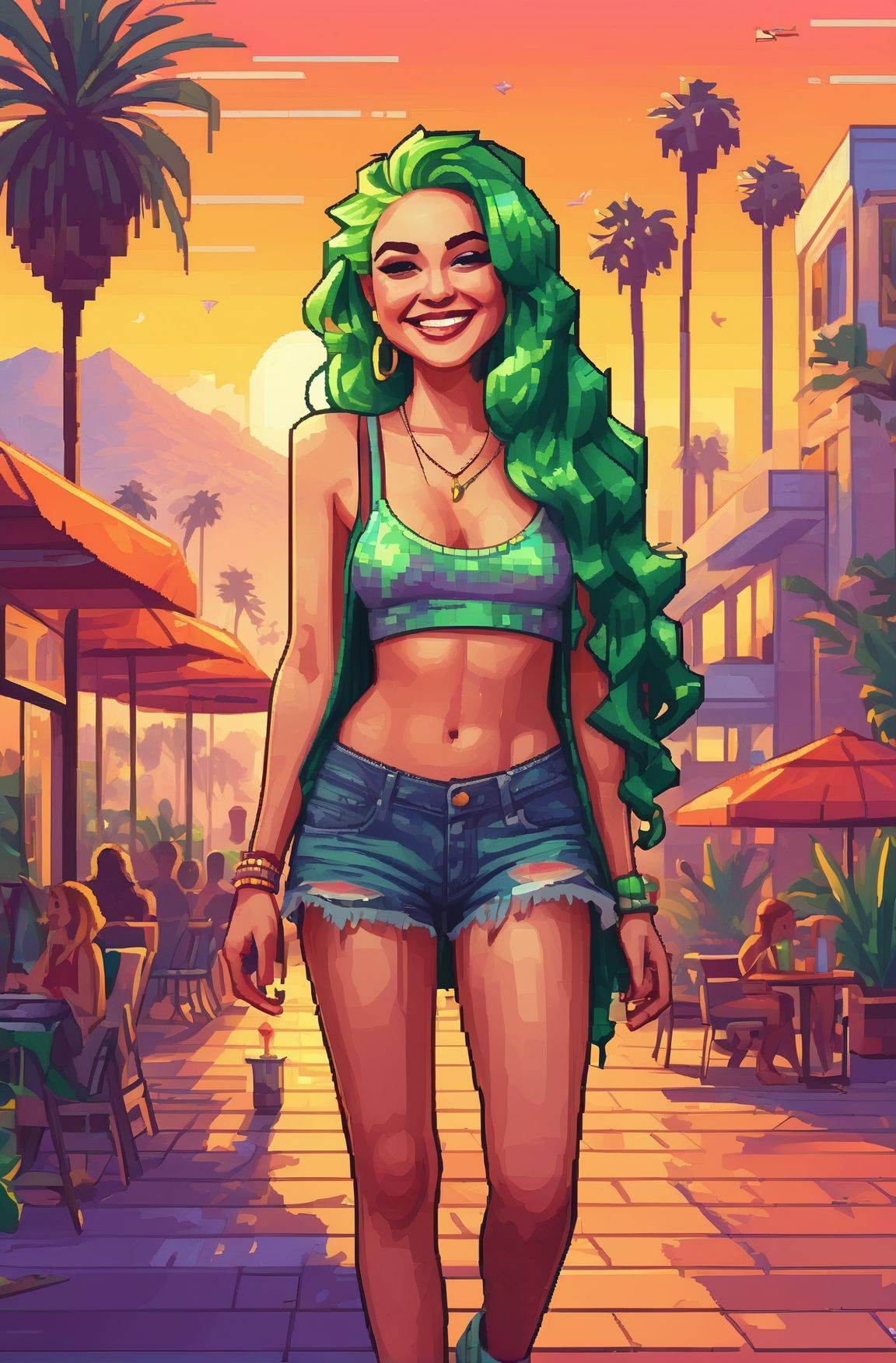Pixel Art pixelated pixel pixel ,  extremely content happy smile ,  + / A fit green haired woman on vacation enjoying the...