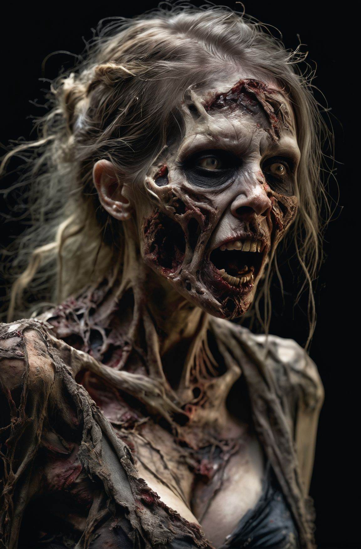 intricately detailed,  snarling female zombie,  with ripped clothes on Tensor.Art