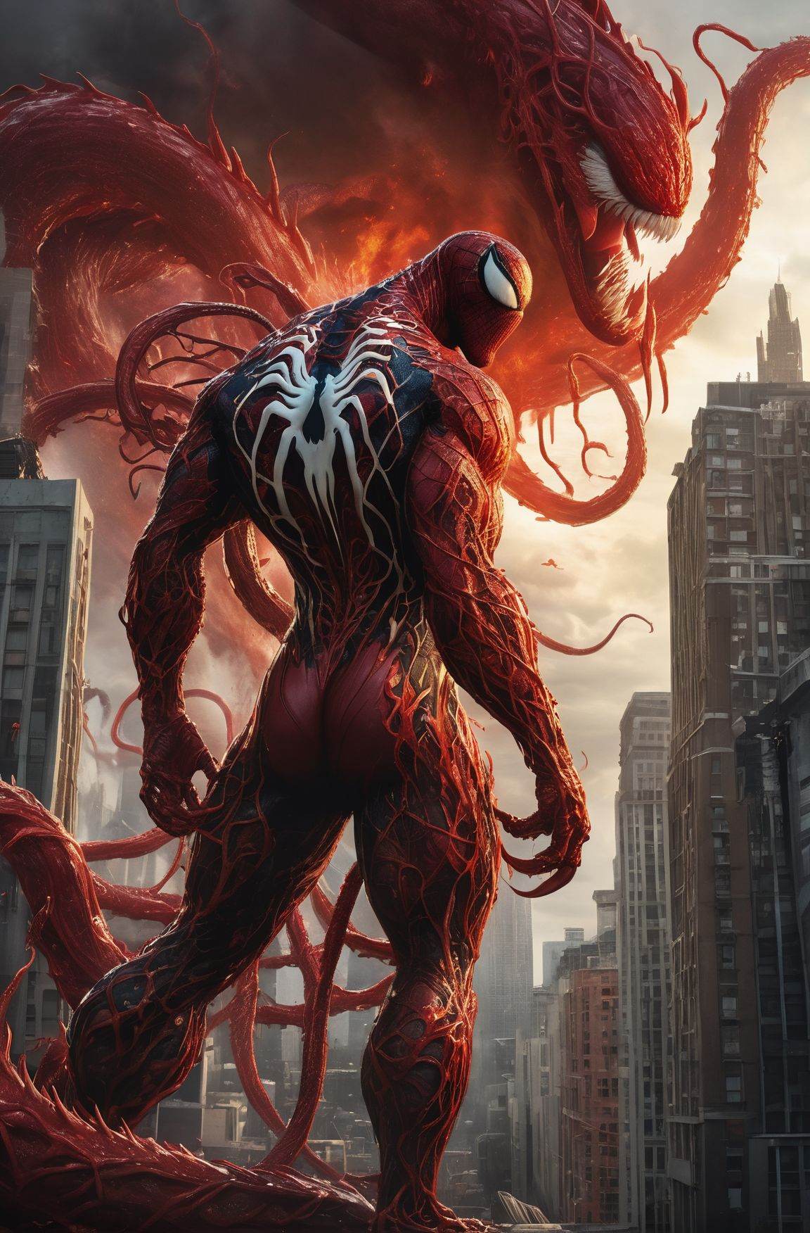 perfect mix between Carnage from Marvel and Godzilla,  with Carnage's red tentacles protruding from his entire body,  dest...