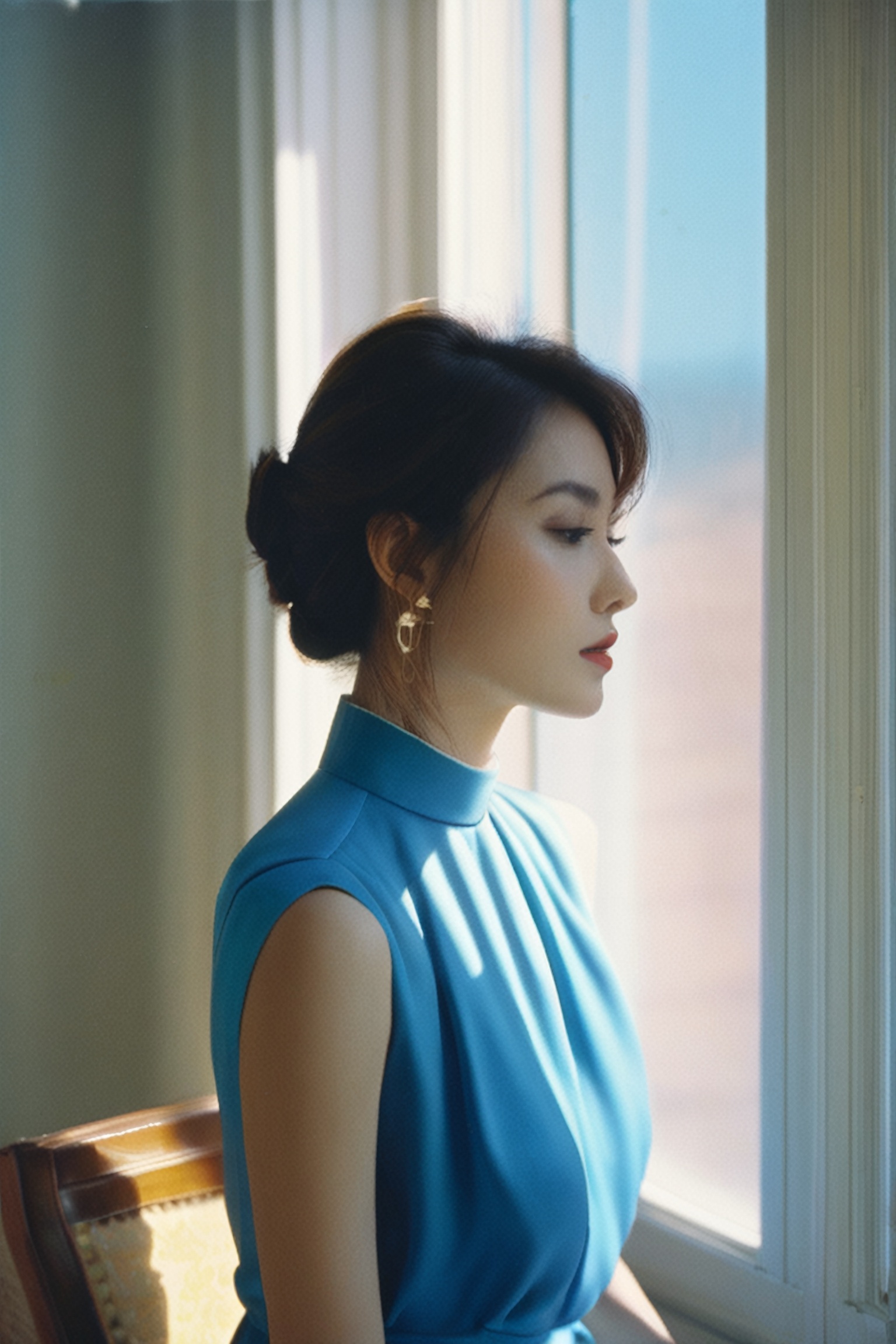 1 woman detailed neck blue dress sit windows dramatic lighting rim light analog 1980s Oleg Oprisco shadow (best quality,...