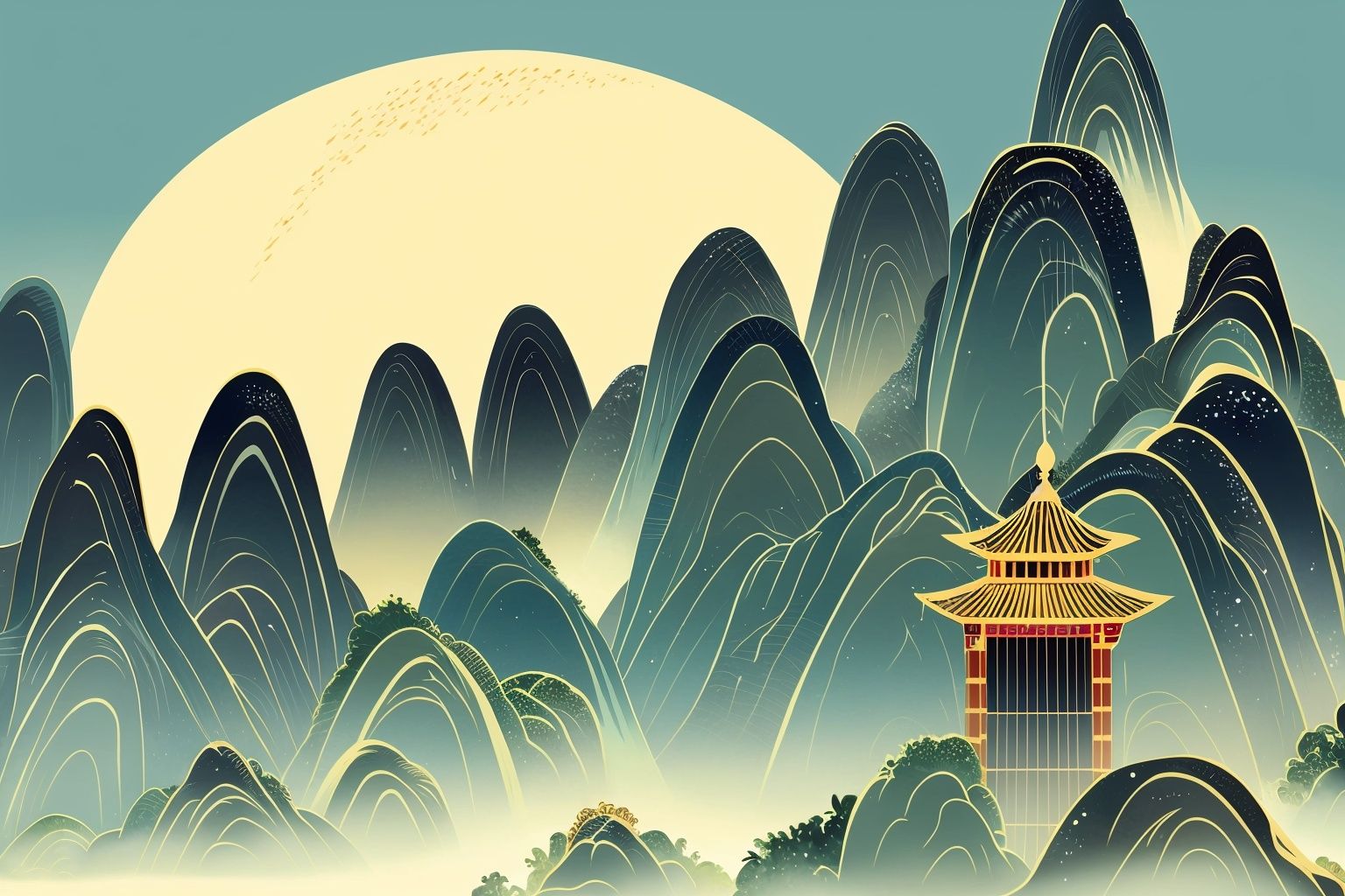 chao chinese, chinese style, illustration, moon,(masterpiece, top quality, best quality, beautiful and aesthetic:1.2), <lora:ChaoChinese:0.7>