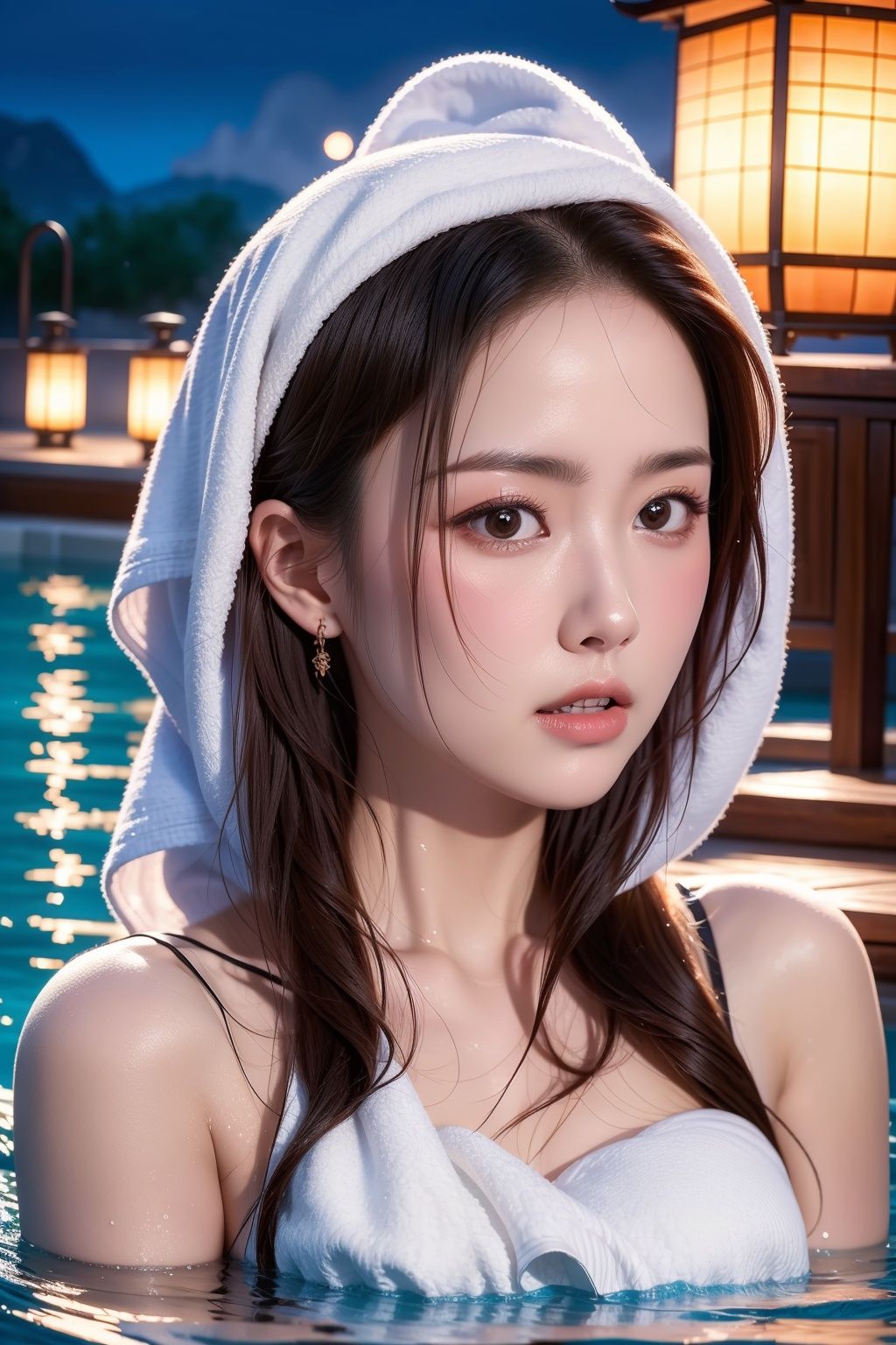 High quality, masterpiece, cinematic texture, Chinese elements, close-up of head and face, 1 girl bathing in the pool, shoulders exposed to the water surface (wrapped in a towel: 1.2), (with a large amount of water vapor on the surface: 1.5), (hot spring), lantern, night,