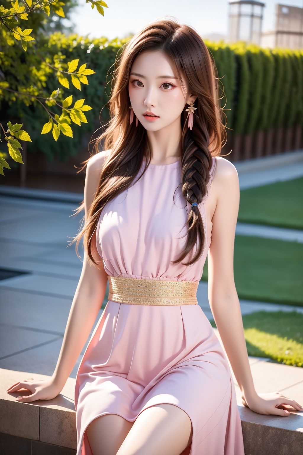 1girl,long hair,yifu,very long hair,pink long dress,sitting in garden,(((masterpiece,best quality))),depth_of_field,long brown hair,twins braid,mole under eyes,earrings