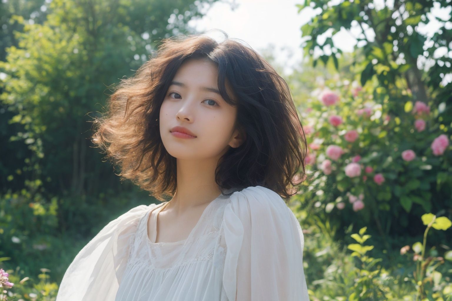 Masterpiece,  best quality,  ultra high res. A girl with curly hair in a vibrant outdoor setting. She stands in a lush fie...