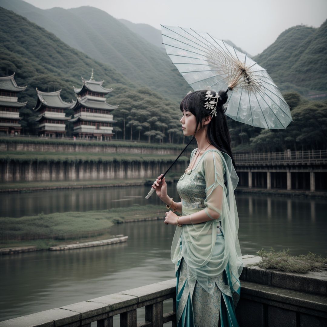 biyaoclothes, 1girl, umbrella, solo, black hair, long hair, jewelry, holding umbrella, holding, standing, hair ornament, necklace, bracelet, oil-paper umbrella, stone balustrade, plant, blurry, breasts, from side,the scenery in the south of the Yangtze River and highlights <lora:biyaoclothes05:0.9>