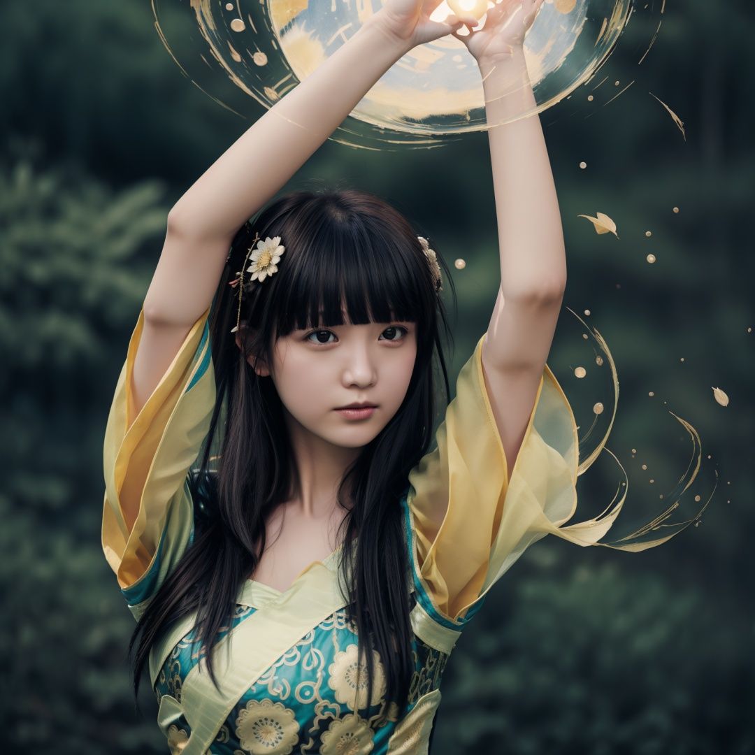 biyaoclothes, 1girl, solo, glowing, upper body, long hair, bangs, blunt bangs, arms up, brown hair, looking at viewer, abstract, release spell, black hair, spell pattern, light, ripples, flower, arm up, reflection, <lora:biyaoclothes08:0.9>