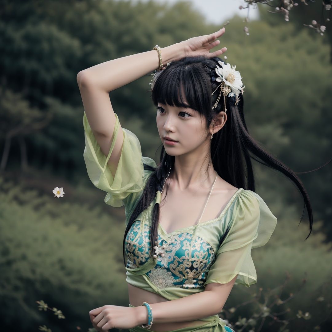 biyaoclothes, 1girl, solo, black hair, jewelry, hair ornament, bracelet, long hair, necklace, arm up, dancing, hair flower, flower, holding, upper body, breasts, small bells is tied to the wrist, blurry, cast spells, two small bells, medium breasts, collarbone, cowboy shot, outdoors, biyaoclothes, <lora:biyaoclothes08:0.9>