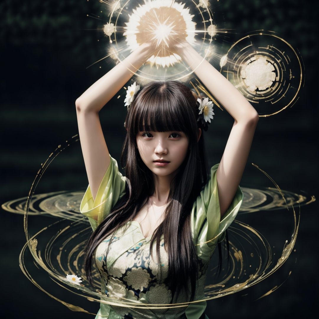 biyaoclothes, 1girl, solo, glowing, upper body, long hair, bangs, blunt bangs, arms up, brown hair, looking at viewer, abstract, release spell, black hair, spell pattern, light, ripples, flower, reflection, <lora:biyaoclothes05:0.9>
