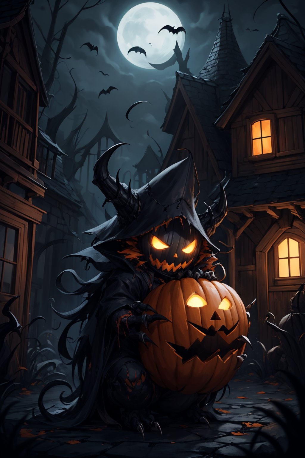 a menacing monster in a Halloween costume,  lurking outside a haunting house,  clutching a pumpkin in its gnarled claws. T...