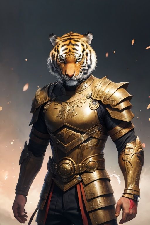 absurdres,1boy,solo,*****,incredibly absurdres,reality,full_shot,<lora:tiger:0.6>,tiger,armor,metal chest protector,