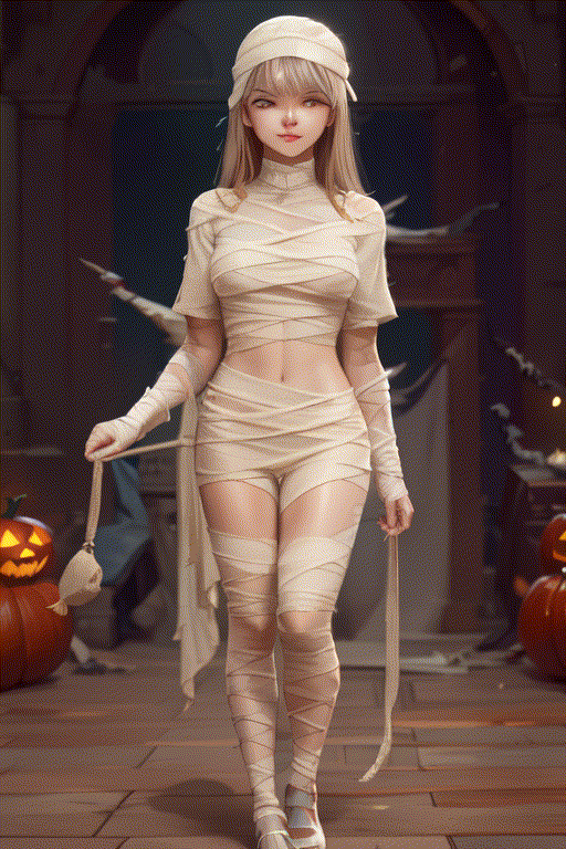 high quality,
halloween mummy clothes,
20 years old, 
a beautiful face lady,
walking,