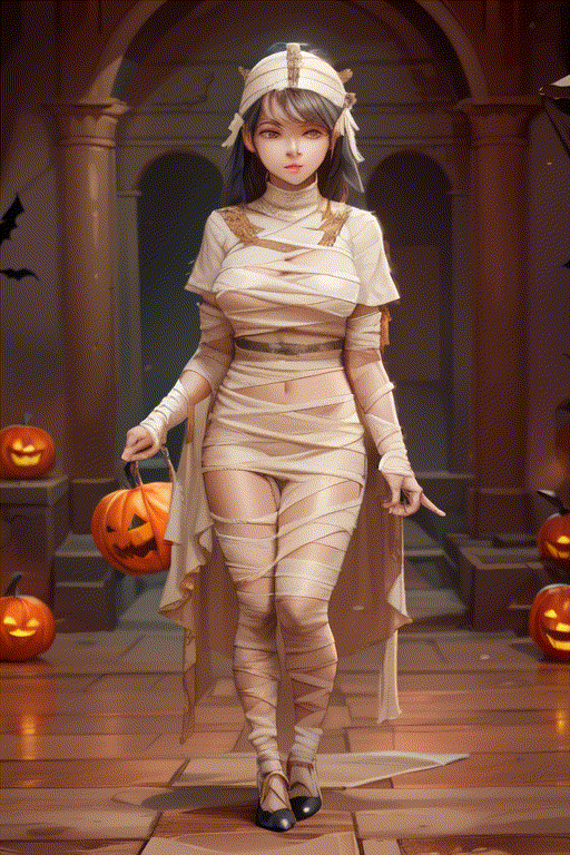 high quality,
halloween mummy clothes,
20 years old, 
a beautiful face lady,
walking,
