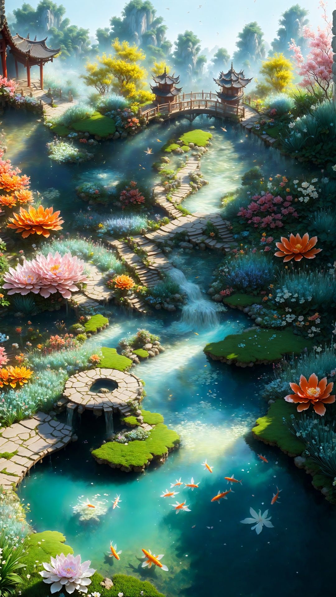 (Oriental fantasy: 1.5) Chinese ancient martial arts style, cosmic perspective (hyper-realistic thick painting style: 1.5) (complex details) The sect's palace is surrounded by a fairy palace garden, in which all kinds of fairy grass and fairy flowers bloom. Colorful. There are small bridges and flowing water in the garden. A stream winds through the garden. There are koi carps swimming in the water. The fragrance of flowers is overflowing. The fairy palace garden seems to come from fairyland.