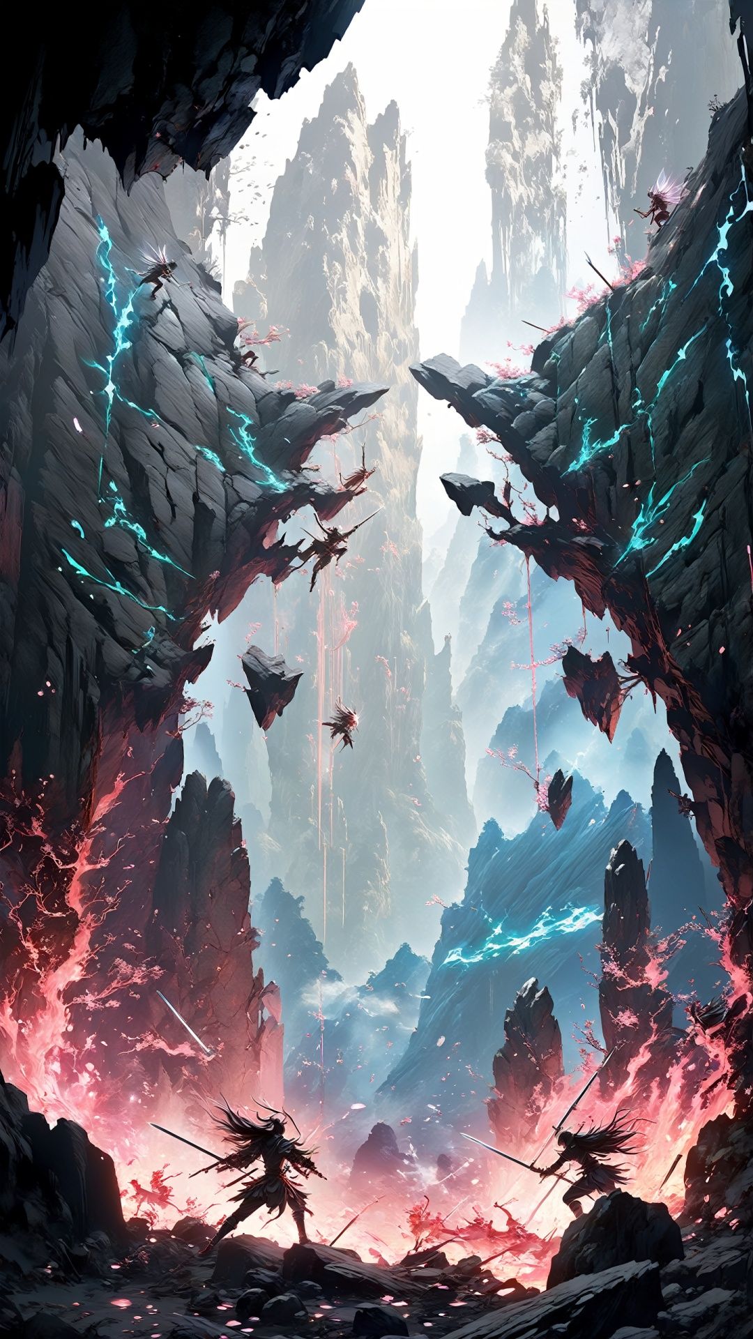  (Chinese fantasy style)(Hyperrealistic game thick paint style: 1.5) Complex details, scenes close-up sword fairy duel, in a small space on a mountain or cliff, two sword fairies are preparing for a fierce sword duel. Their swords glowed with silver, and the surrounding rocks were cut into pieces by the sword