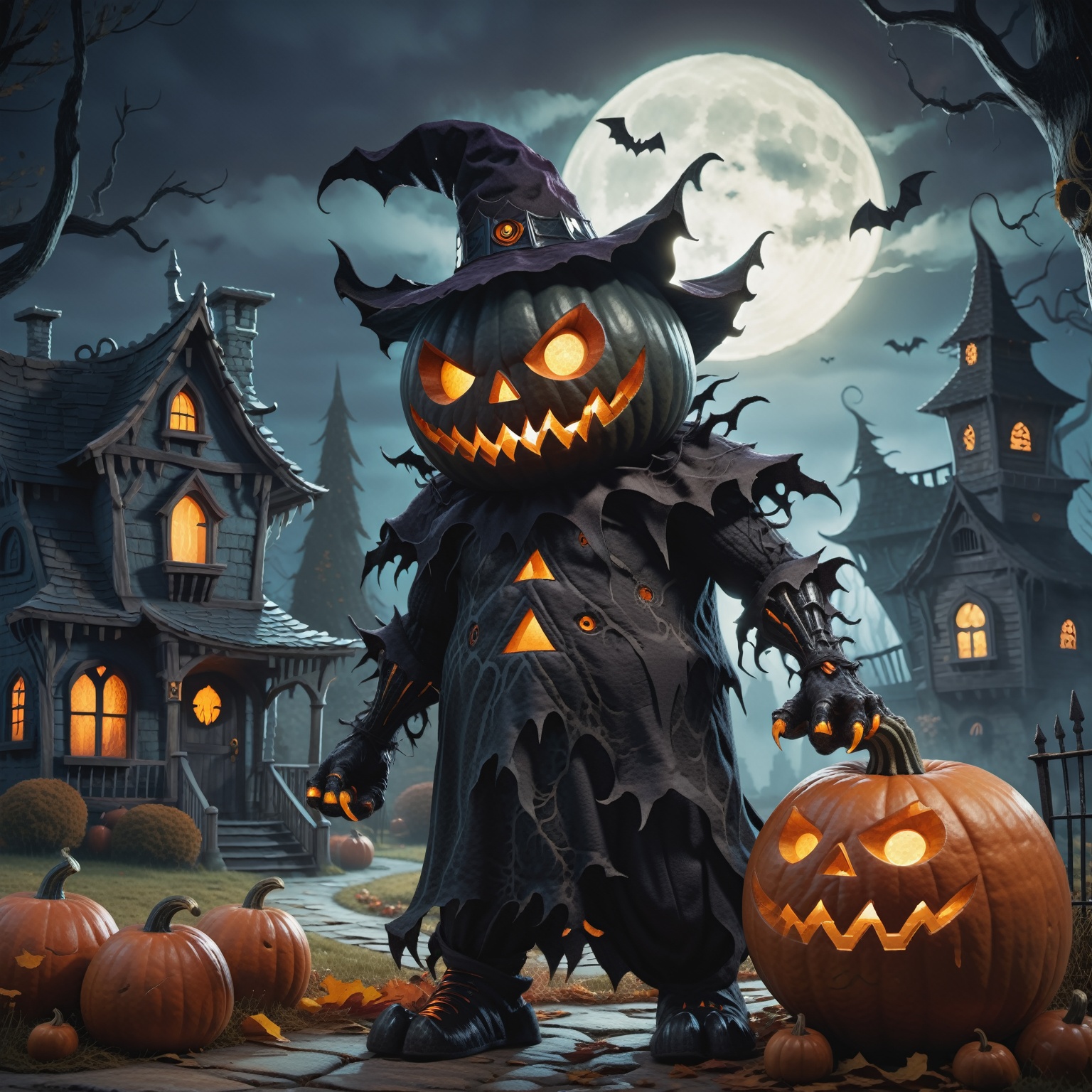 a menacing monster in a Halloween costume,  lurking outside a haunting house,  clutching a pumpkin in its gnarled claws. T...