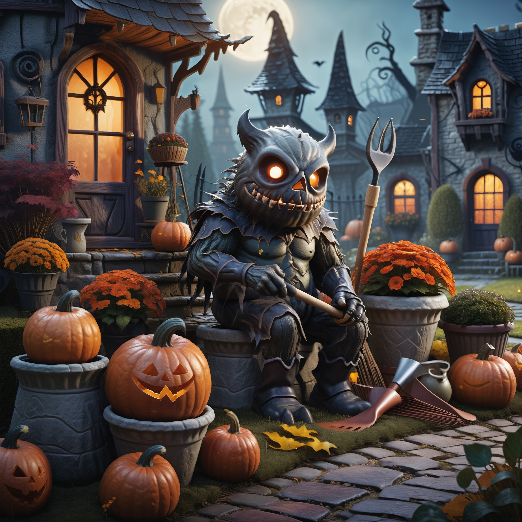 monsters gardening infront flowerpots and gardening tools,  autumn eve,  halloween season on Tensor.Art