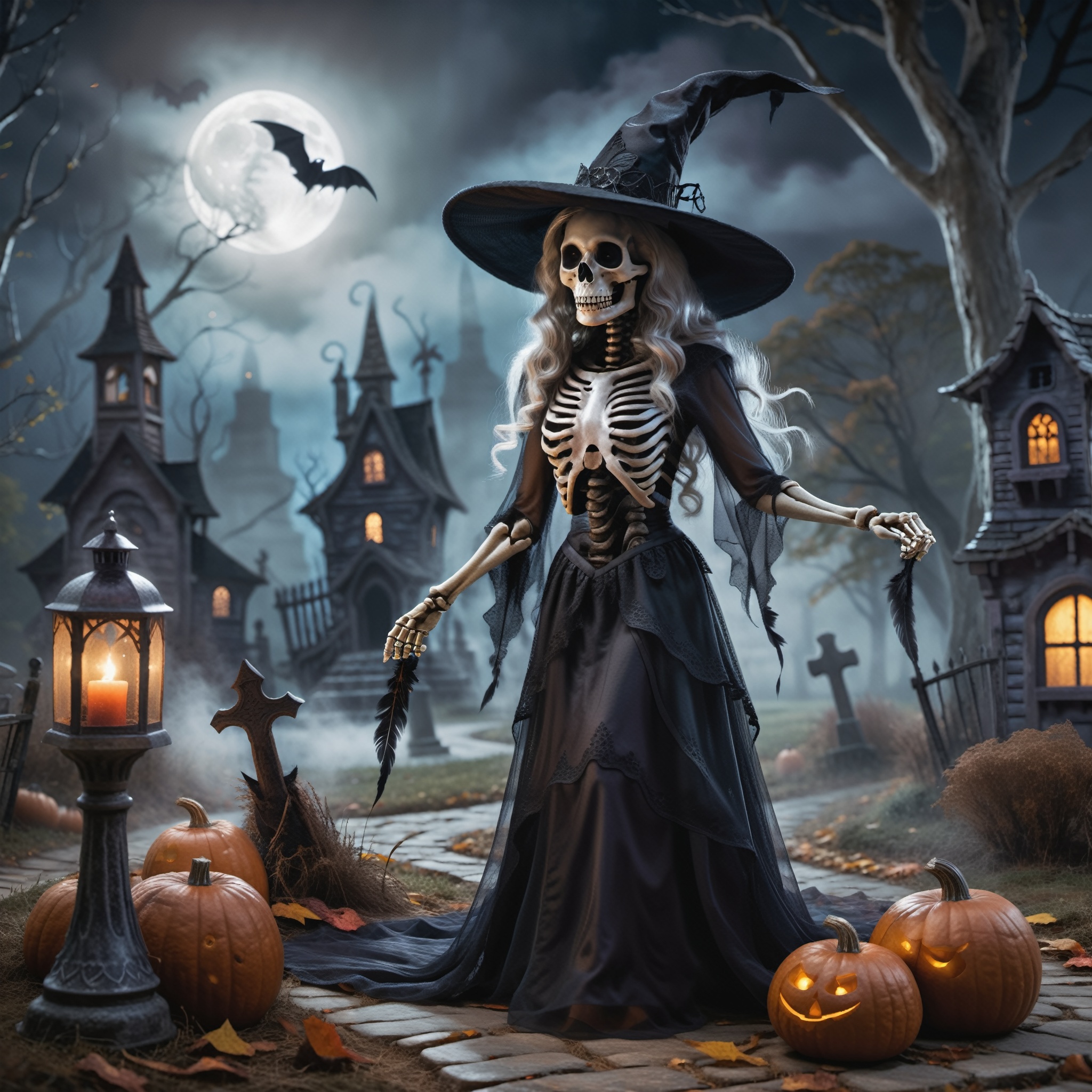 color photo of a skeleton,  a ghost,  and a Witch's Hat on Tensor.Art