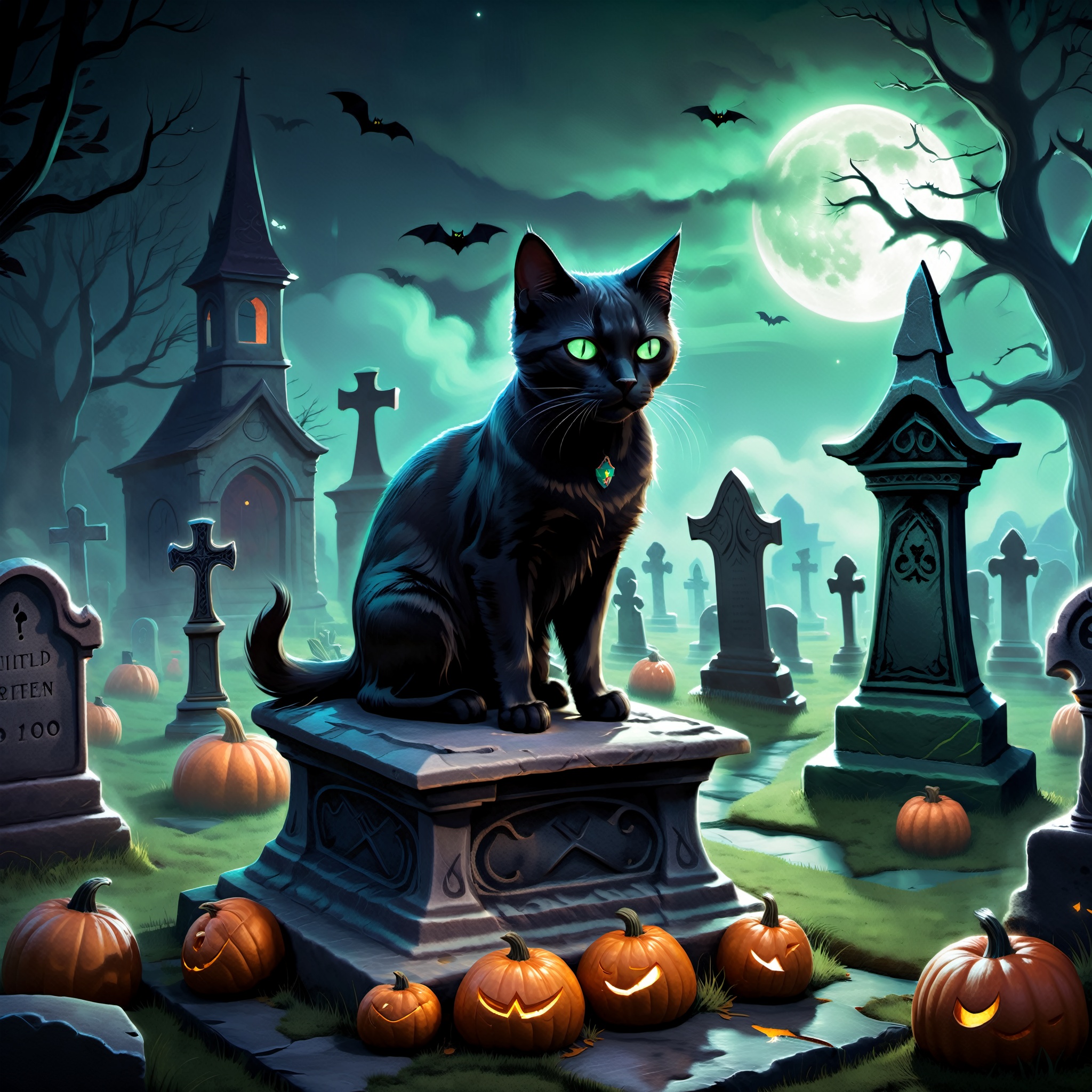 a graveyard on Halloween night,  with a mysterious black cat perched on an ancient tombstone. The graveyard is shrouded in...