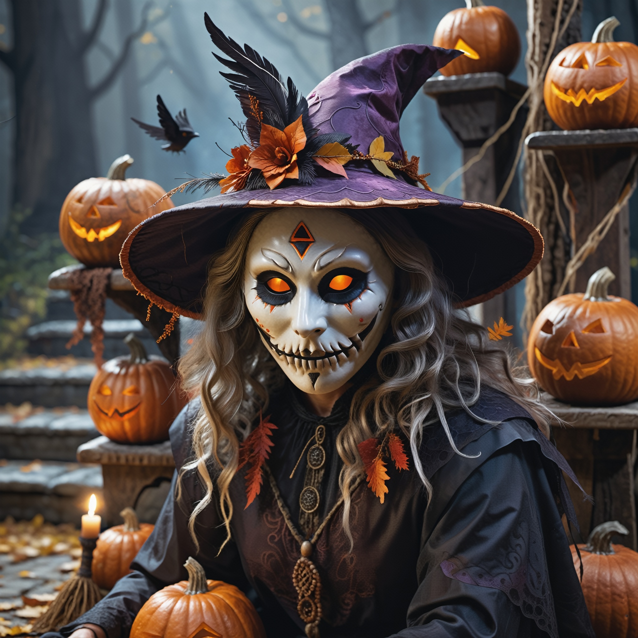 a witches' broomstick surrounded by an array of masks,  creating a captivating display for Halloween. The witches' broomst...