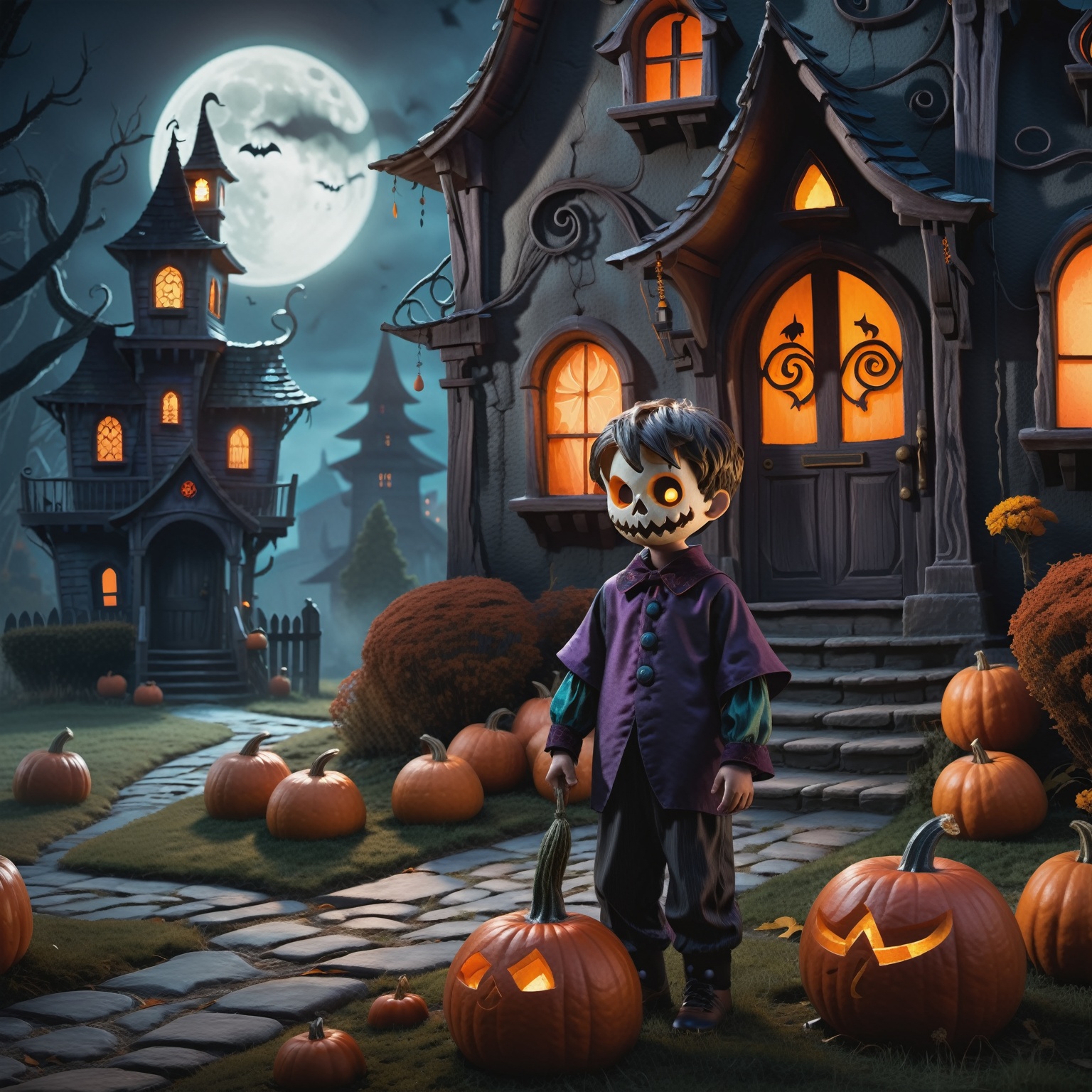 a mischievous boy in a Halloween costume,  standing in front of a haunting house with a pumpkin in hand. The boy's costume...