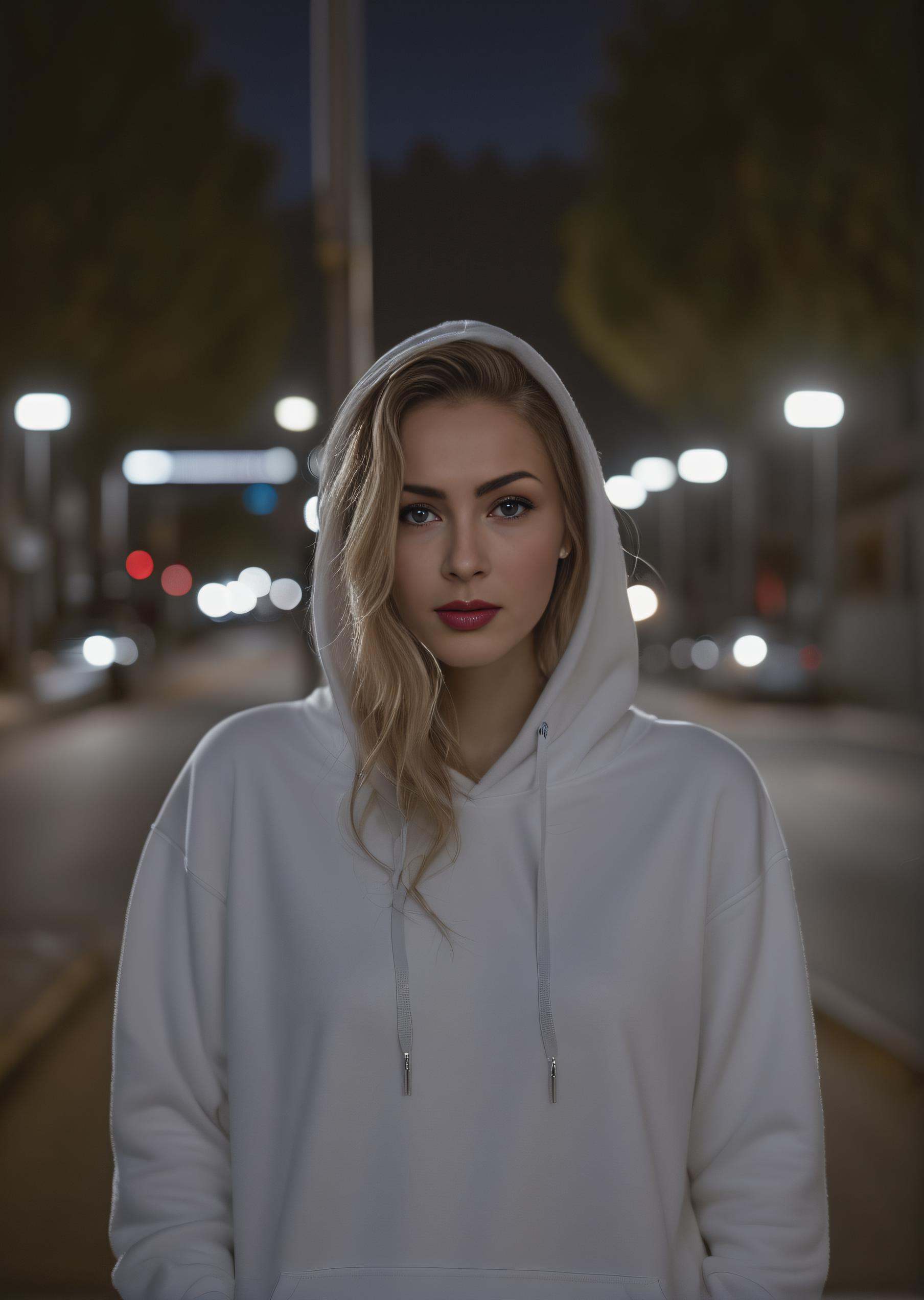 a woman in a white hoodie standing on a street at night with a street light in the background,  realistic skin details,  r...