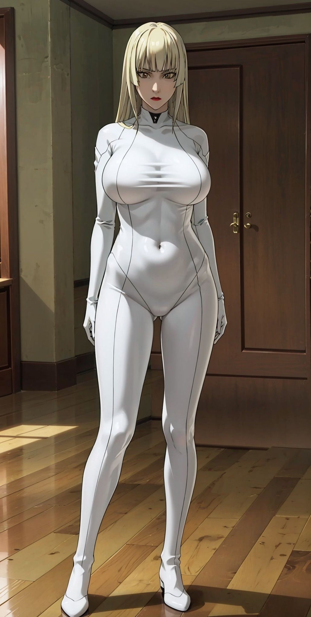  1girl, solo,bangs, blonde hair, yellow eyes,long hair, pale skin, (semitransparent bodysuit:1.2), (big breast:1.3),(navel),(full body:1.3)