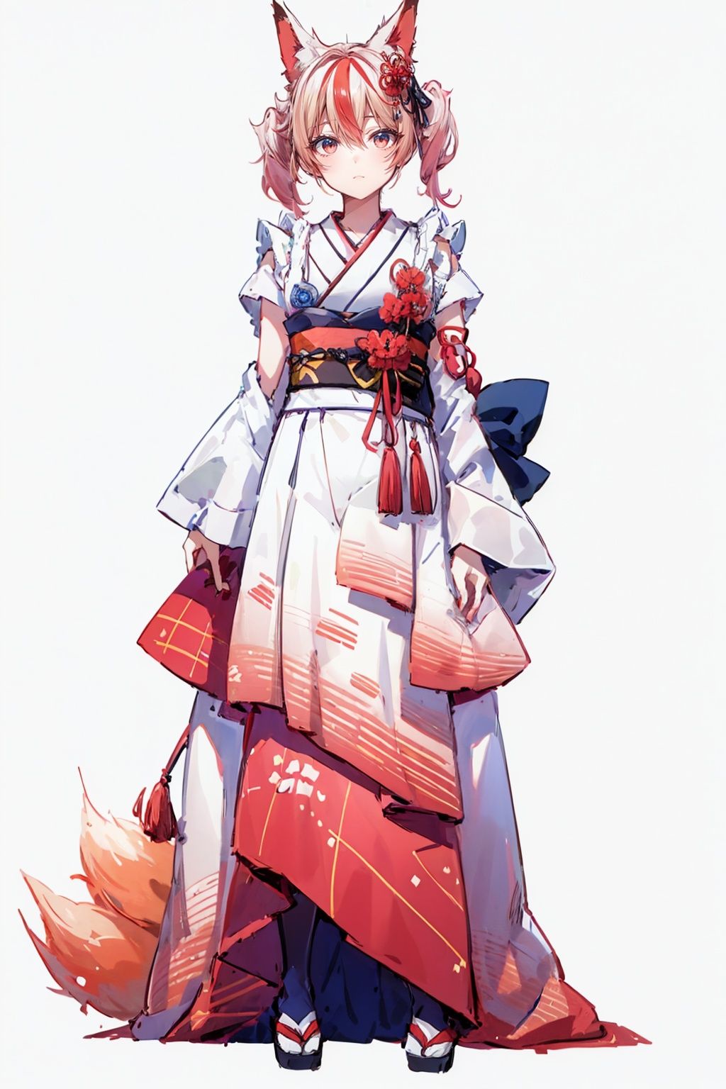 (masterpiece:1.3), (the best quality:1.2), (super fine illustrations:1.2), (Masterpiece), high quality, high detail,((white background:1.2)), looking at viewer, (SOLO:1.4),outline,,simple background,twintails, fox ears, kimono, sakura miko, japanese clothes, streaked hair, red hair, detached sleeves, hair ornament, multicolored hair, animal ears,pink_hair, hair_between_eyes, blue eyes