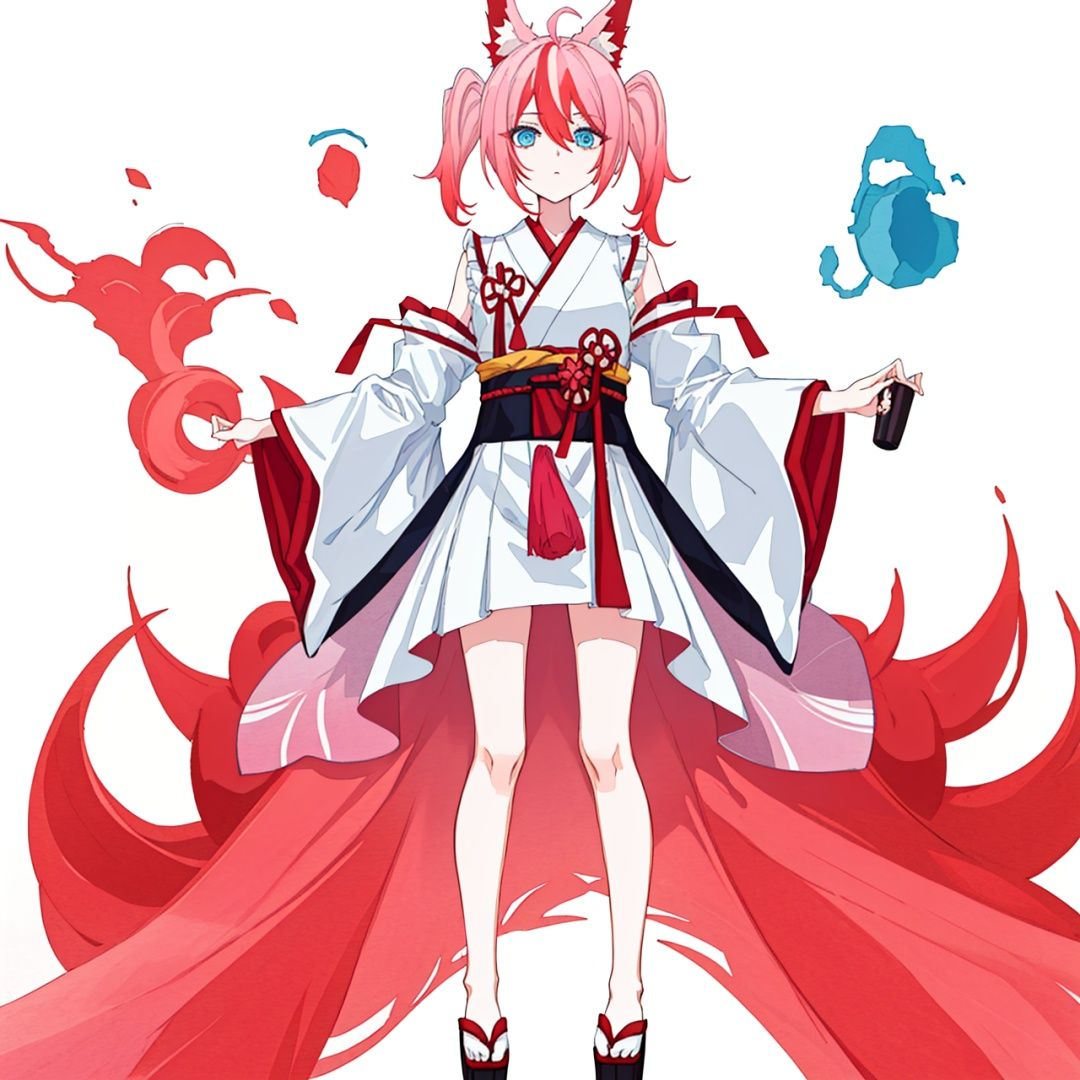 (masterpiece:1.3), (the best quality:1.2), (super fine illustrations:1.2), (Masterpiece), high quality, high detail,((white background:1.2)), looking at viewer, (SOLO:1.4),outline,,simple background,twintails, fox ears, kimono, sakura miko, japanese clothes, streaked hair, red hair, detached sleeves, hair ornament, multicolored hair, animal ears,pink_hair, hair_between_eyes, blue eyes