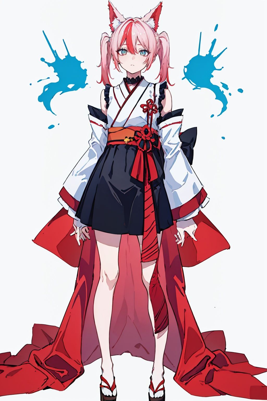 (masterpiece:1.3), (the best quality:1.2), (super fine illustrations:1.2), (Masterpiece), high quality, high detail,((white background:1.2)), looking at viewer, (SOLO:1.4),outline,,simple background,twintails, fox ears, kimono, sakura miko, japanese clothes, streaked hair, red hair, detached sleeves, hair ornament, multicolored hair, animal ears,pink_hair, hair_between_eyes, blue eyes