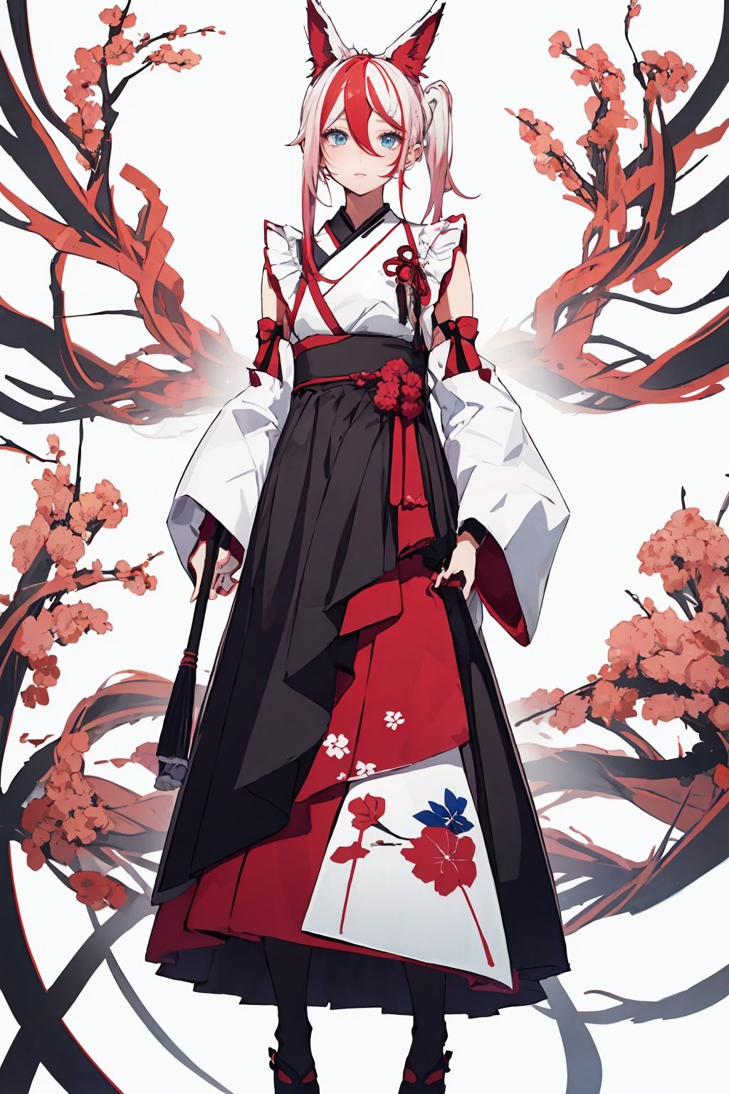 (masterpiece:1.3), (the best quality:1.2), (super fine illustrations:1.2), (Masterpiece), high quality, high detail,((white background:1.2)), looking at viewer, (SOLO:1.4),outline,,simple background,twintails, fox ears, kimono, sakura miko, japanese clothes, streaked hair, red hair, detached sleeves, hair ornament, multicolored hair, animal ears,pink_hair, hair_between_eyes, blue eyes