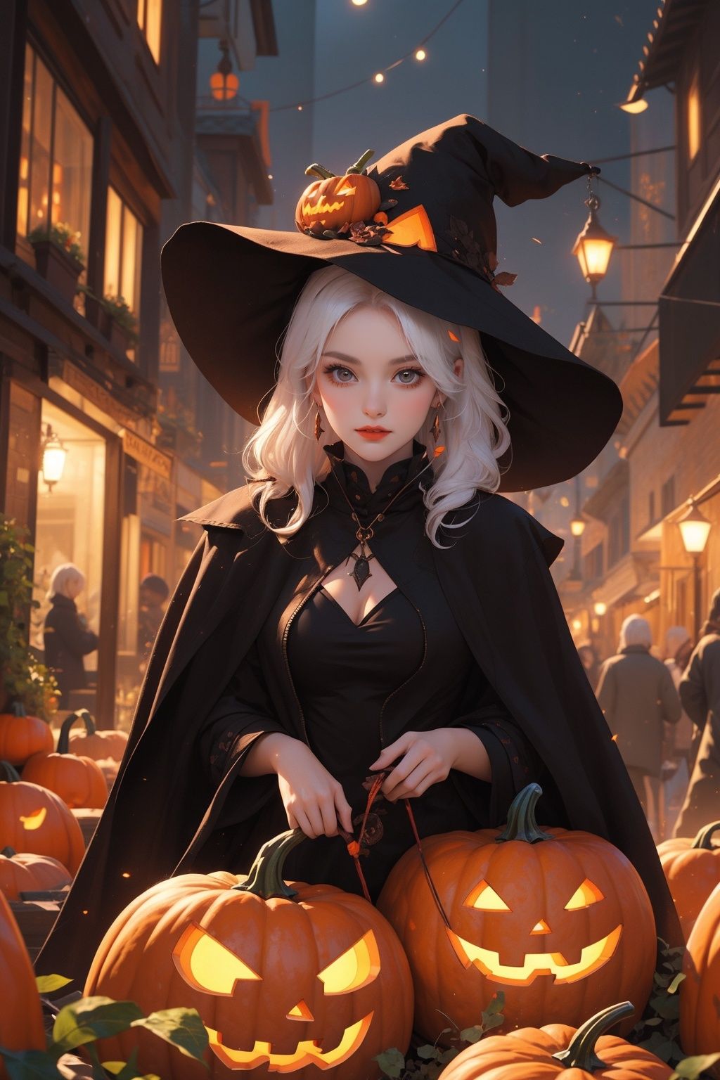 masterpiece,best quality,ultra-detailed,1girl,pumpkin,white hair,night,black witch hat,jack-o'-lantern,<lora:万圣节:0.6>,