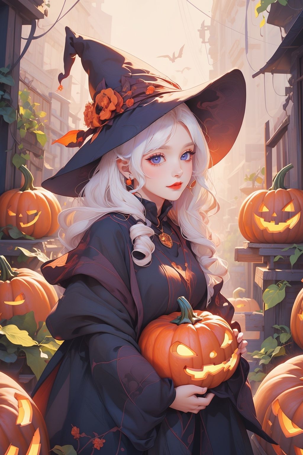 masterpiece,best quality,ultra-detailed,1girl,pumpkin,<lora:lsp-000005:0.7>,white hair,night,black witch hat,jack-o'-lantern,<lora:马卡龙:0.6>,md colorful,