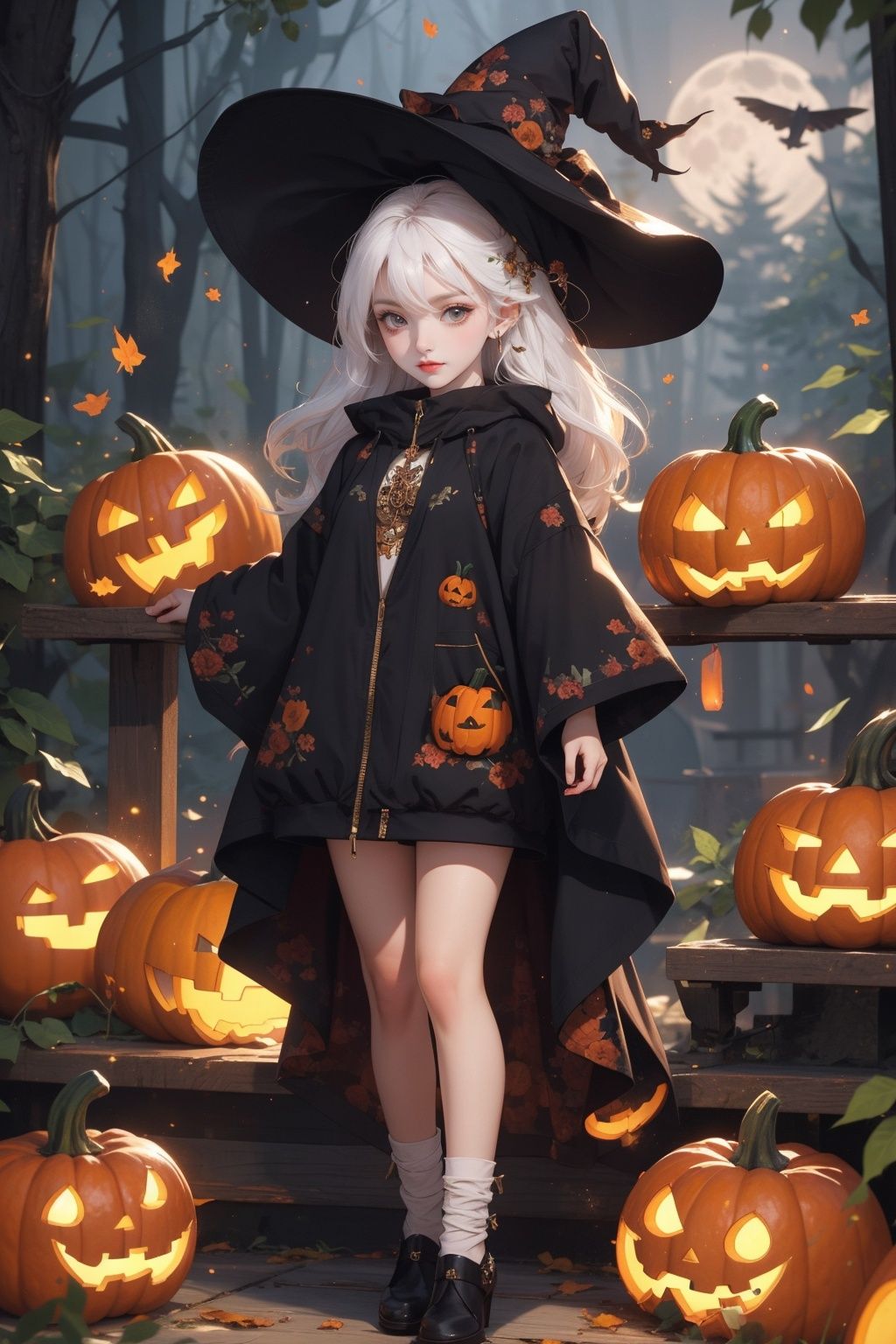 masterpiece,best quality,ultra-detailed,1girl,pumpkin,<lora:lsp-000006:0.5>,white hair,sweets,full body,night,black witch hat,moon,forest,chibi
