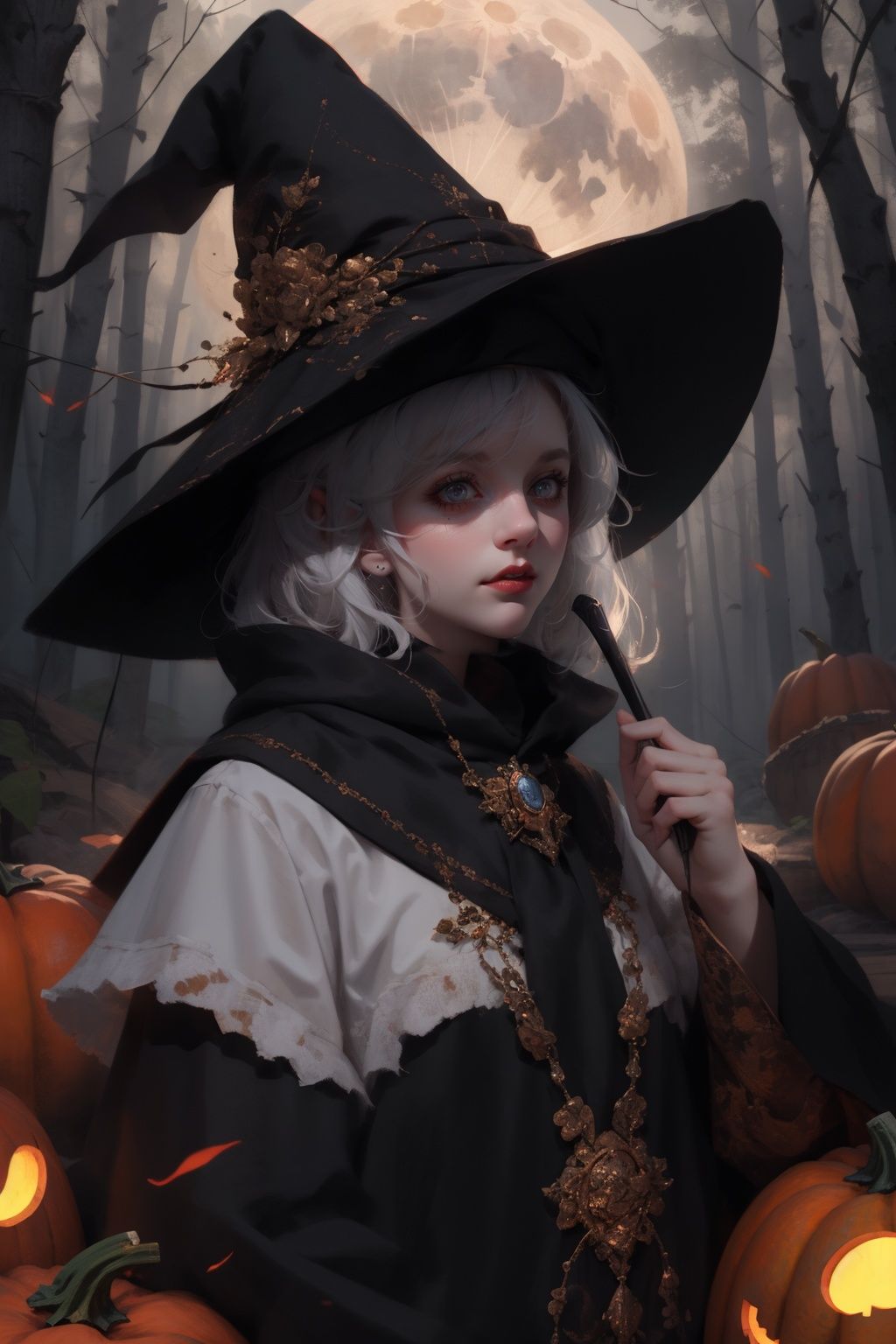 masterpiece,best quality,ultra-detailed,1girl,pumpkin,<lora:lsp-000005:0.7>,white hair,night,black witch hat,moon,forest,upper body,horror theme,