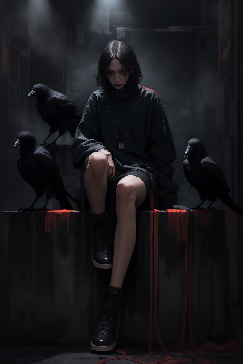masterpiece,best quality,ultra-detailed,1girl,solo,crow,full body,<lora:鸦雀无声:0.7>,report leg,dark style,black hair,black clothes,sitting,horror theme,<lora:LowRA_v1.0:0.6>,