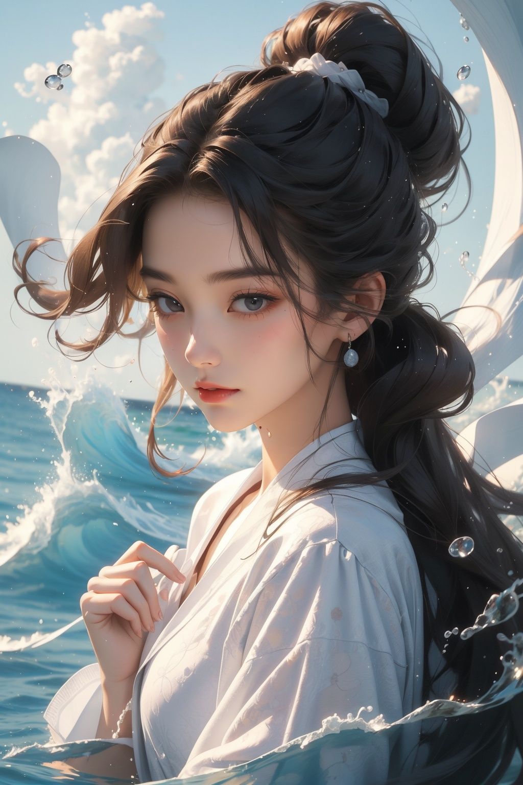 masterpiece,best quality,ultra-detailed,1girl,water,solo,waves,white clothes,<lora:水元素:0.6>,upper body,