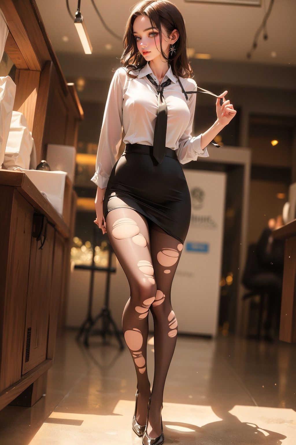 masterpiece,best quality,ultra-detailed,photorealistic,realistic,photography,<lora:md-000003:0.7>,full body,black dress,breast,white_shirt,necktie,office,computer,torn pantyhose,white theme,