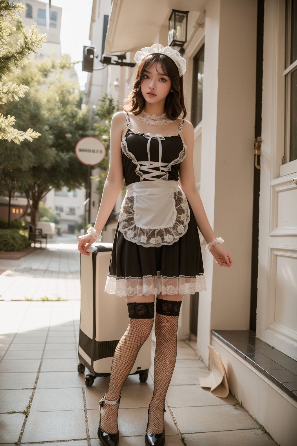 masterpiece,best quality,ultra highres,1girl,full body,fishnets,maid headdress,apron,<lora:4 (1):0.7>,JIMMY CHOO,outdoors,at the caf,