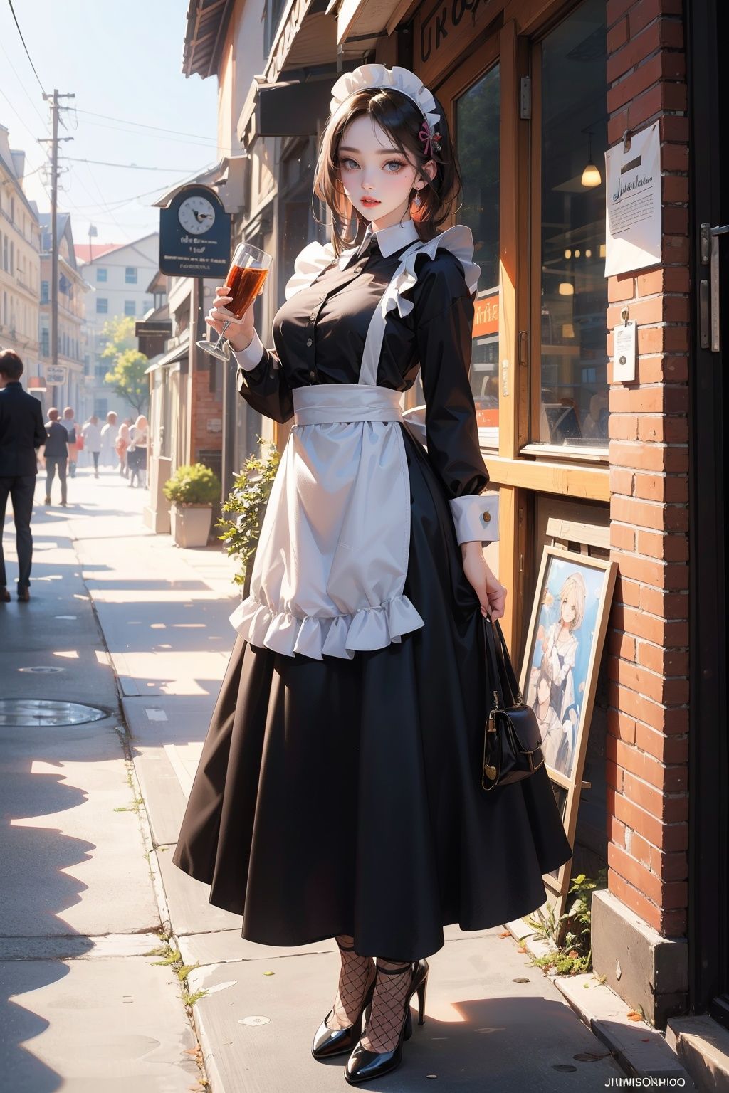 masterpiece,best quality,ultra highres,1girl,full body,fishnets,maid headdress,apron,<lora:4 (1):0.7>,JIMMY CHOO,outdoors,at the caf,
