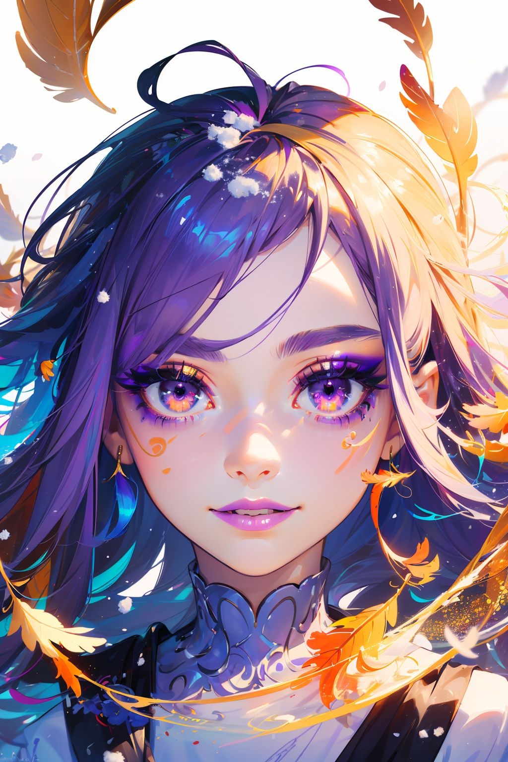 1girl, white background, masterpiece,  best quality,  smile, (( swirling vortexes colourful hair)),  ((long Hair)), emotional face,  studio light,  studio,  (((makeup portrait,  purple eye shadow))),  ((with many golden and orange swirling vortexes colourful snow and feather on face))