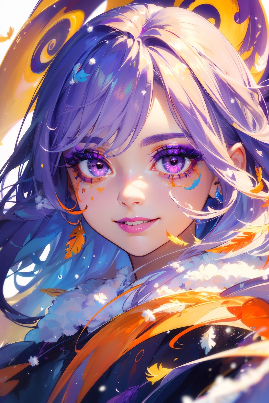 1girl, white background, masterpiece,  best quality,  smile, (( swirling vortexes colourful hair)),  ((long Hair)), emotional face,  studio light,  studio,  (((makeup portrait,  purple eye shadow))),  ((with many golden and orange swirling vortexes colourful snow and feather on face))