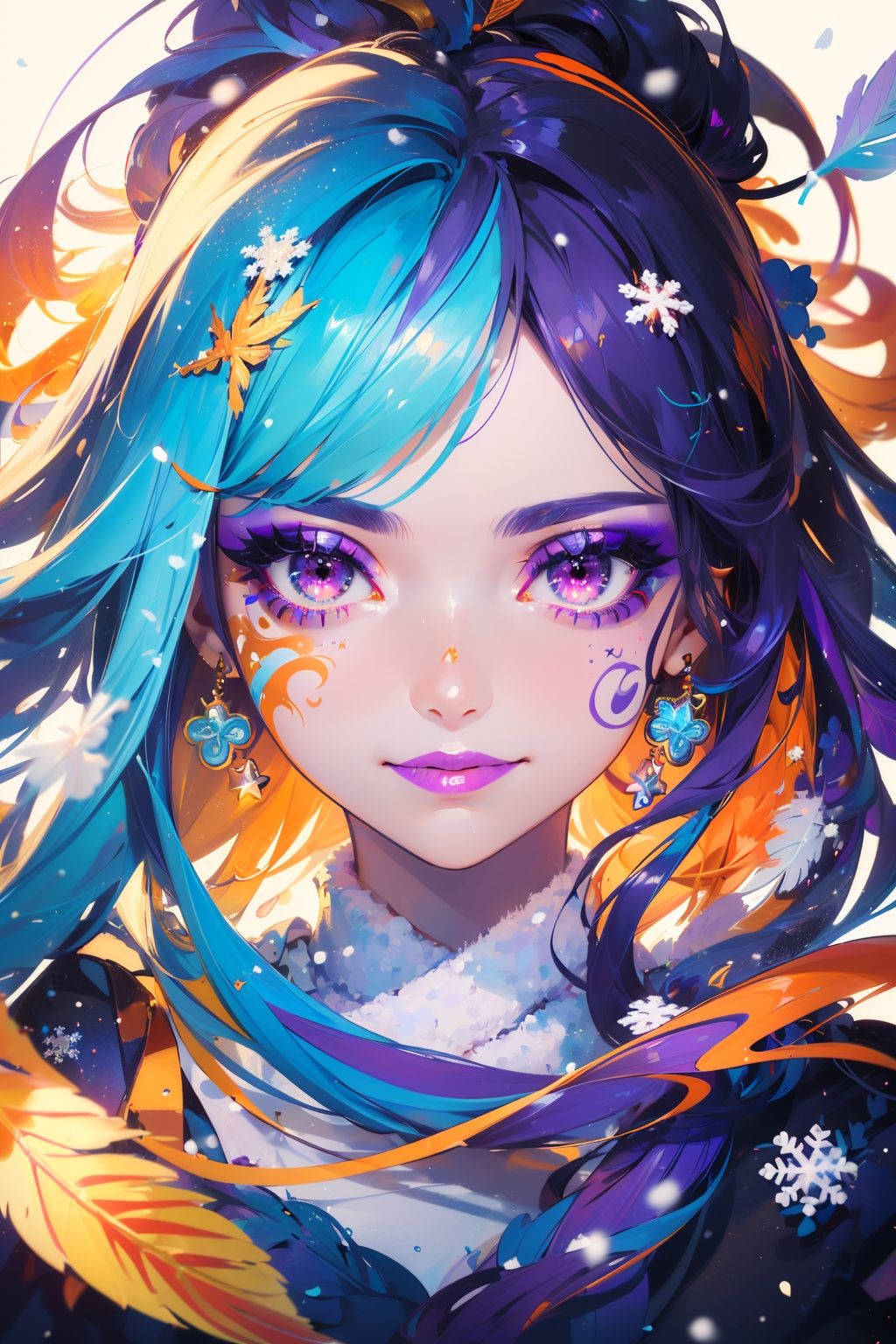 1girl, white background, masterpiece,  best quality,  smile, (( swirling vortexes colourful hair)),  ((long Hair)), emotional face,  studio light,  studio,  (((makeup portrait,  purple eye shadow))),  ((with many golden and orange swirling vortexes colourful snow and feather on face))