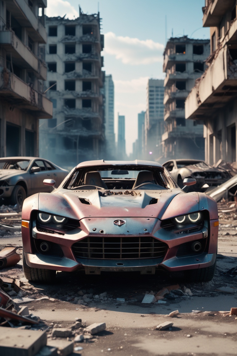 cinematic film still an futuristic cyberpunk,  dieselpunk sports car in a destroyed city after an nuclear blast . shallow...
