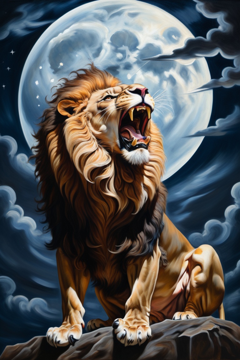 A majestic lion roaring under a moonlit sky,  large detailed moon,  inspired by the chiaroscuro technique of Caravaggio on...