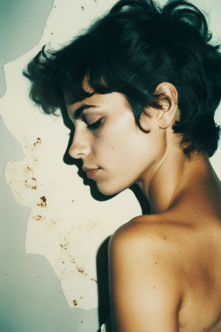 analog film photo. from the side of a stunning Brazilian woman with a tired expression,  Conrad Roset,  space art on Tenso...